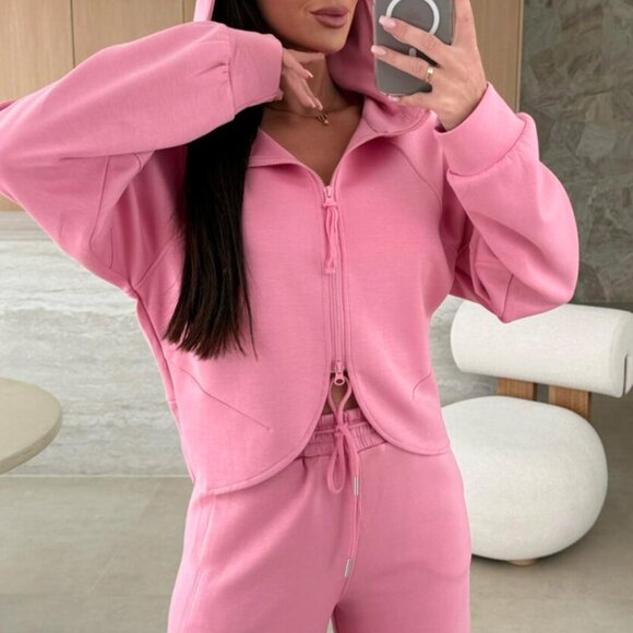 B314 Pink Solid Zip Up Hoodie and Drawstring Loose Pants Set - Picture 4 of 8